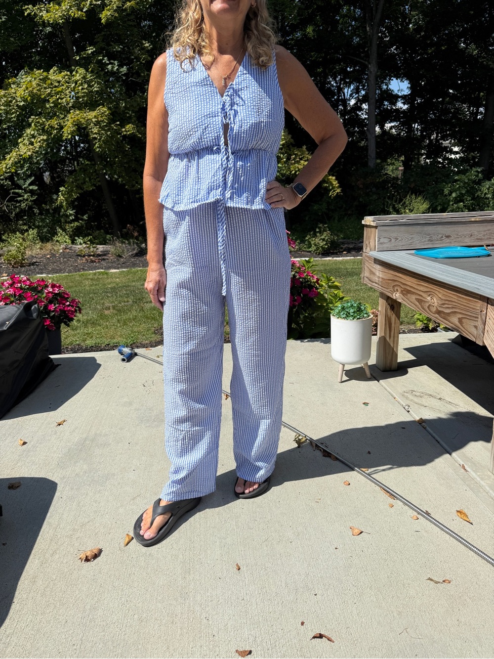 NWT Medium 2 Piece Striped Outfit Tie Front Peplum Tank Top & Pants Set